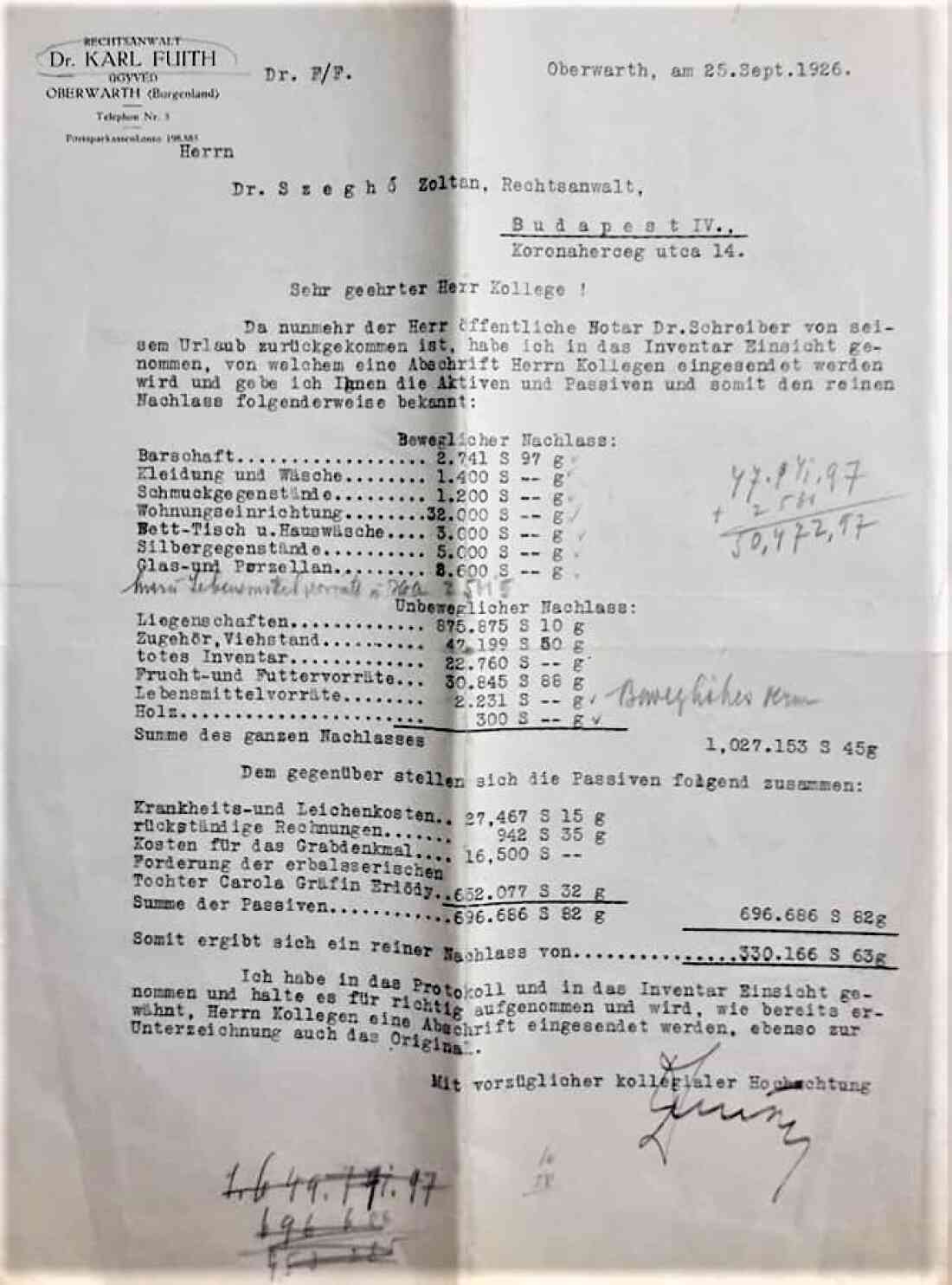 Dr. Karl Fuith (Rechtsanwalt; *1884 / +1966; Steinamangererstraße 25) berichtet einem Kollegen in Budapest über die Berechnung eines Nachlasses
