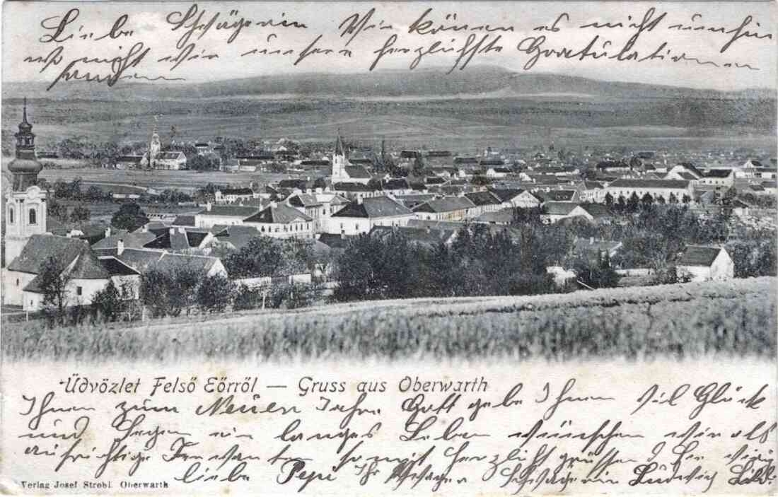 Ansichtskarte: "Üdvözlet Felsö Eörröl" / "Gruss aus Oberwarth" - Gesamtansicht gegen Westen mit den drei Kirchen, jedoch noch ohne Synagoge