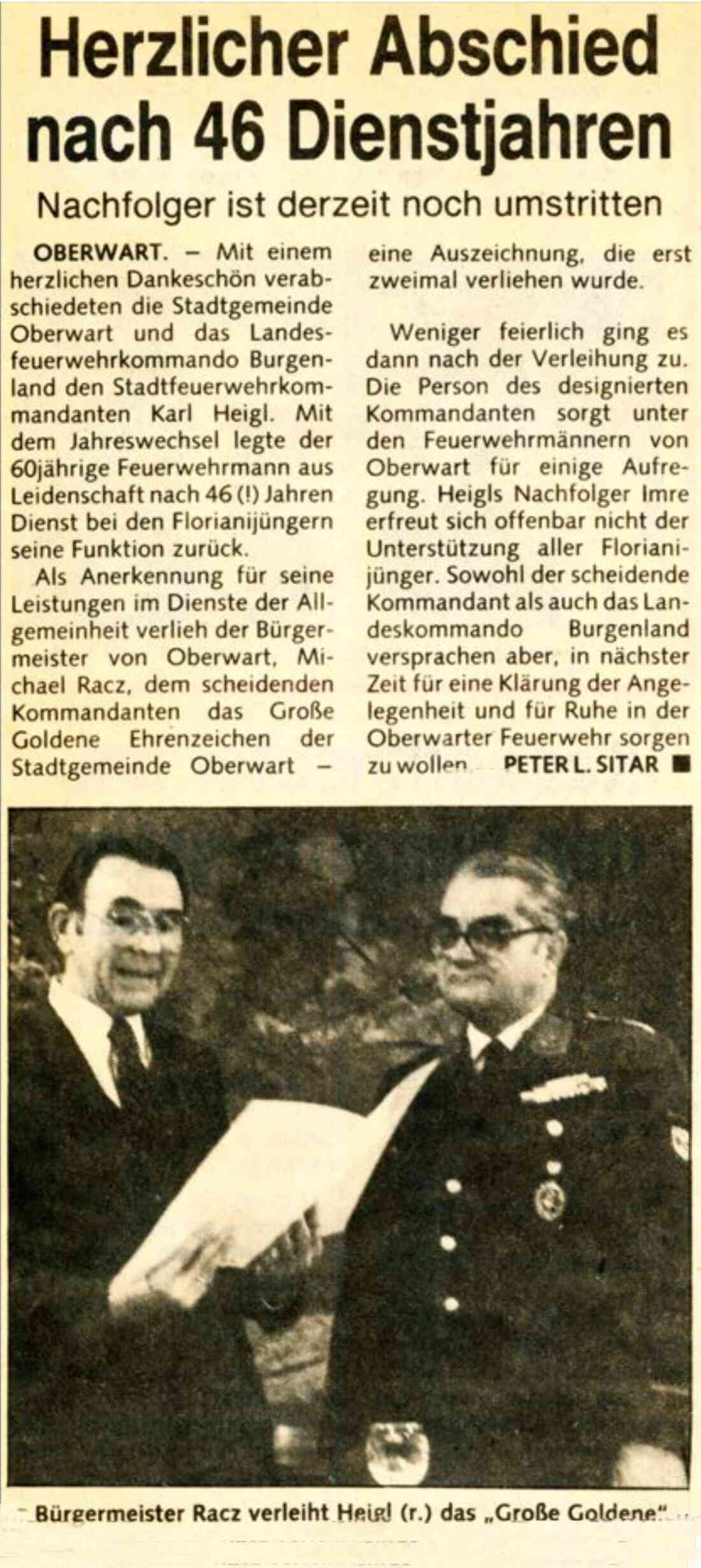 Kurier: Artikel zum Abschied vom Kommandanten der Stadtfeuerwehr Karl Heigl und der Verleihung des Großen Goldenen Ehrenzeichens der Stadt durch Bgm. Michael Racz