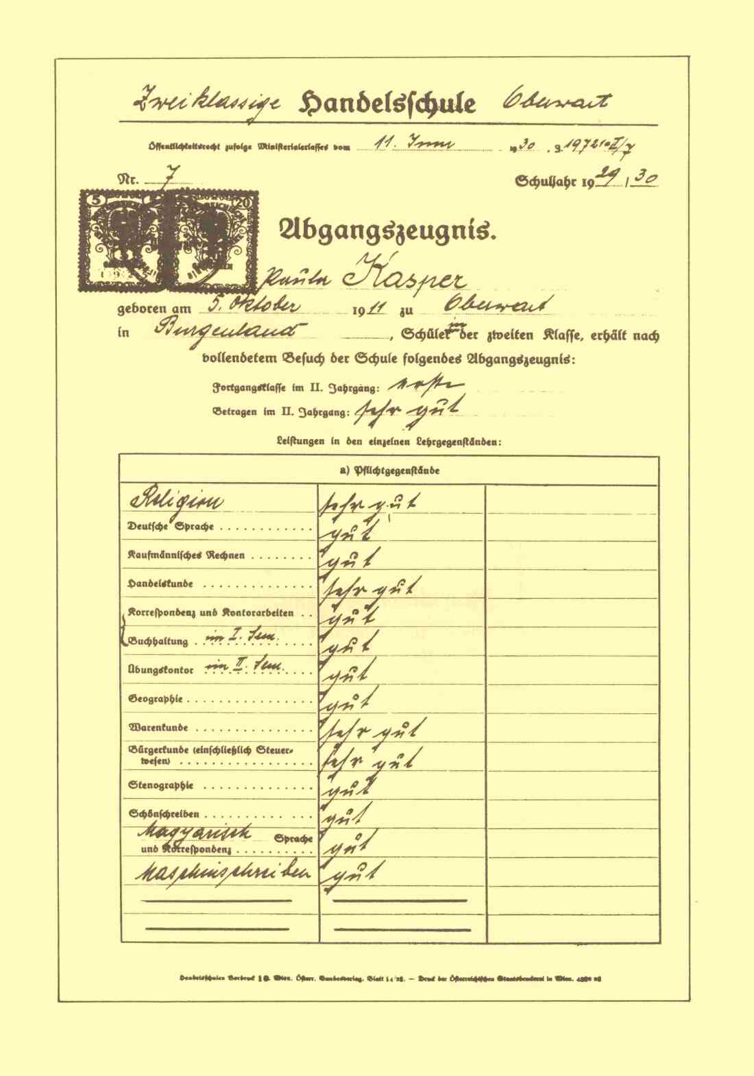 Abgangszeugnis der Handelsschule von Paula Kasper (verh. Landkammer, *1911/+1995)