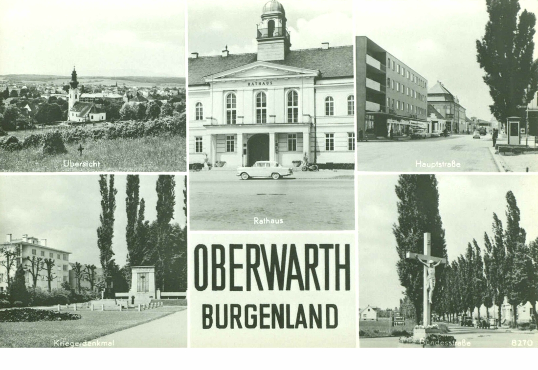 Ansichtskarte: Oberwarth Burgenland - mit 5 Ansichten (Blick über die kath. Kirche gegen Westen/Rathaus/Forum/Kriegerdenkmal/"Rotes Kreuz")