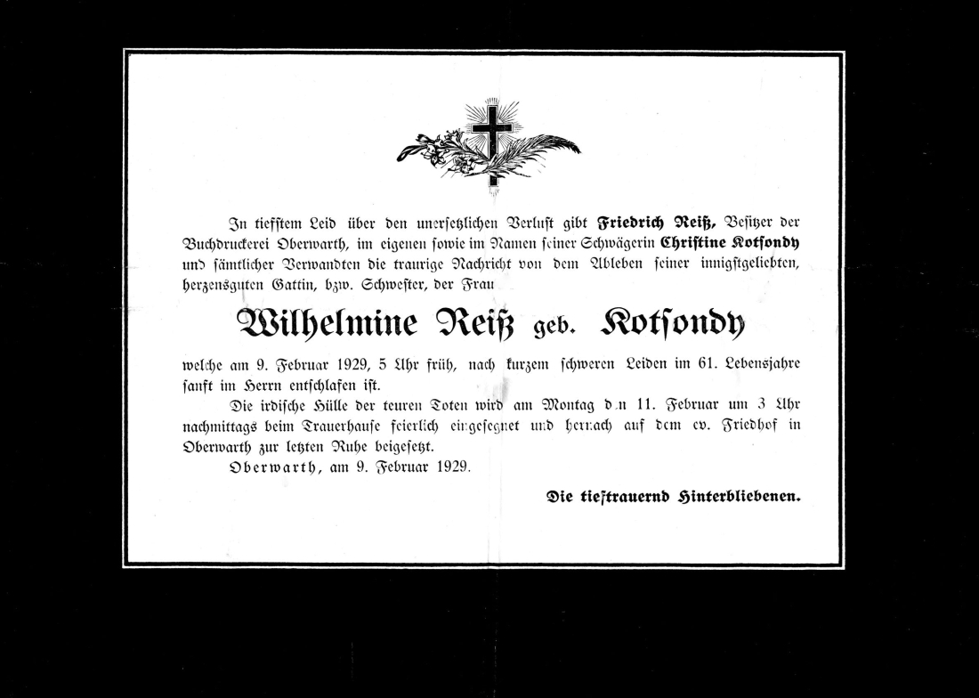 Parte: Wilhelmine Reiß, geb. Kotsondy (*1868/+1929)