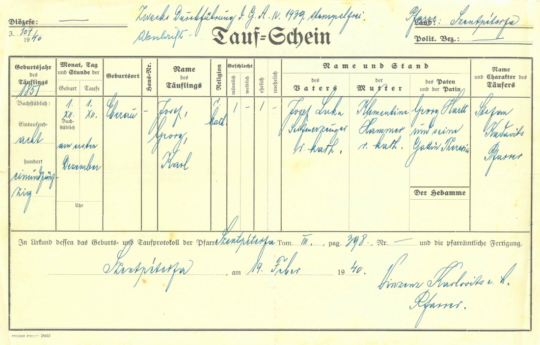Jozsef Luka (röm. kath. Lehrer, *1851/+1917): Abschrift des Taufscheines zum Zwecke des Ariernachweises