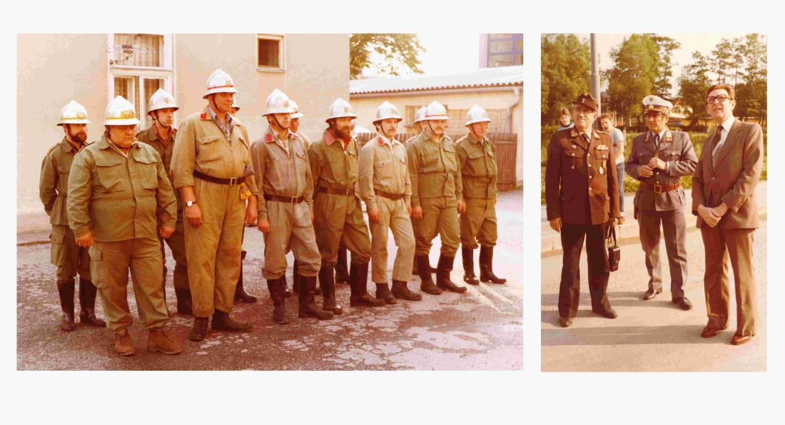 Feuerwehr: Mannschaft und offizielle Beobachter bei der Jahresinspektion 1981 - Weber/Pal/Sedlacek/Pongratz/Horvath/Imre/Seper/Krutzler/Pleyer/Guger/Racz