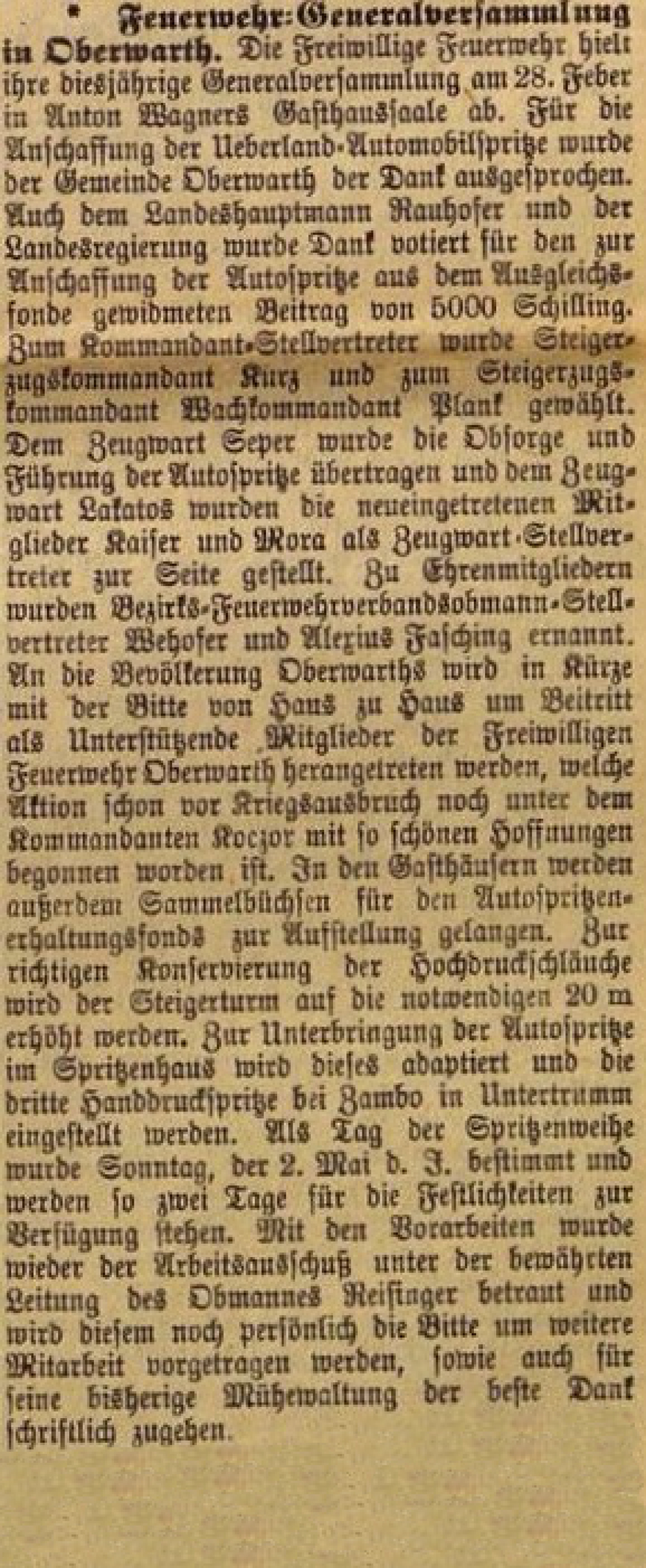 Oberwarther = Sonntagszeitung vom 7. März 1926: Generalversammlung der Feuerwehr
