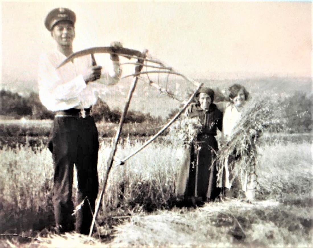 Gyula Faith als Bahnangestellter beim Mähen - im Hintergrund li. Julianna Faith (geb.Böcskör) und re. Ilona Eigenbauer (geb.Faith)