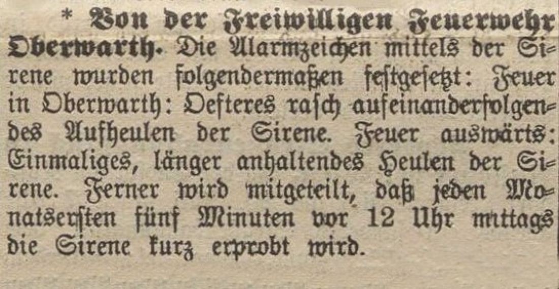 Kurzinformation der Feuerwehr in der Oberwarther Sonntags = Zeitung vom 28. Juli 1929: "Alarmzeichen der Sirene"