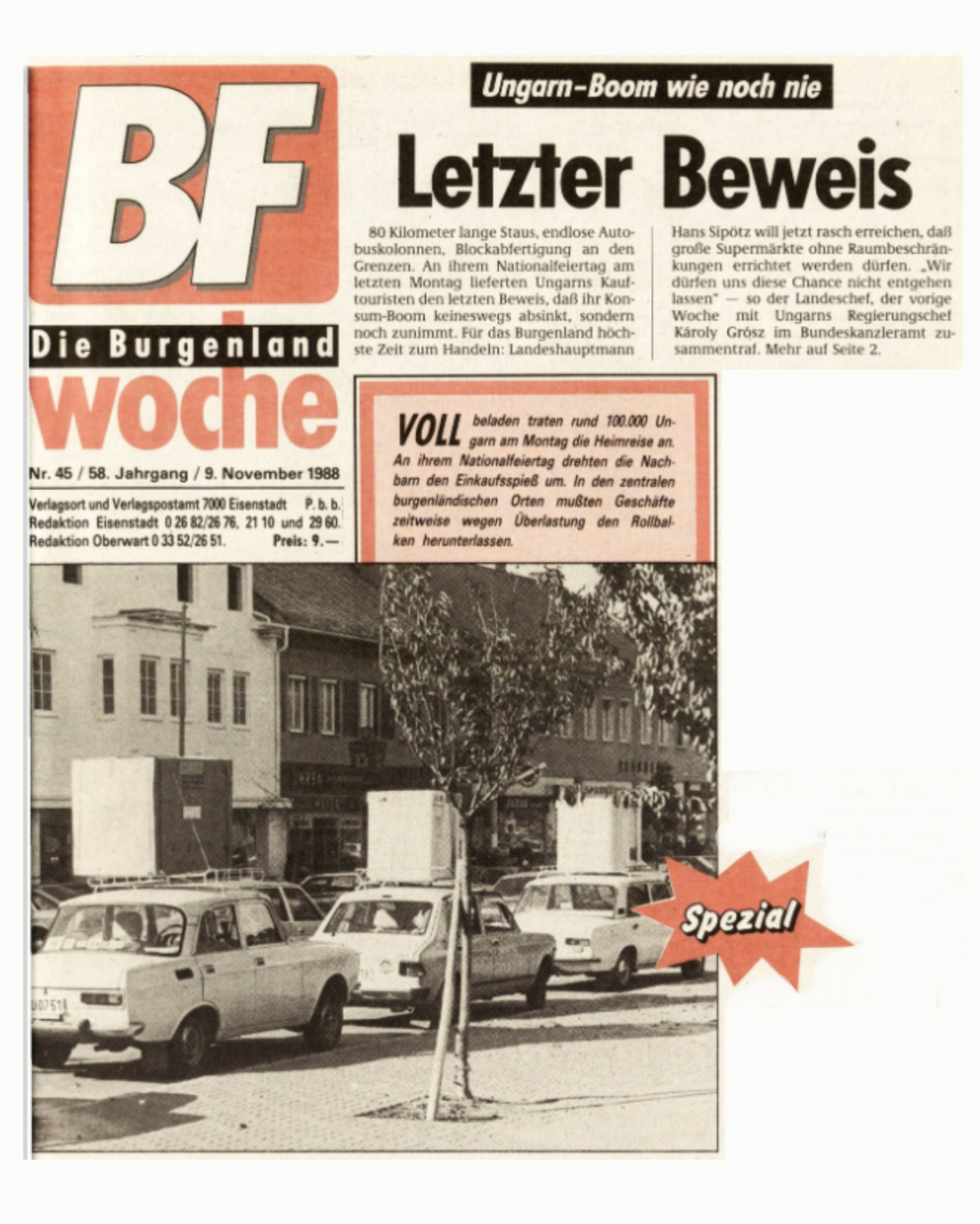 Titelseite der BF vom 9. November 1988: "Einkaufsboom / Ungarnboom nach der Grenzöffnung 1989"