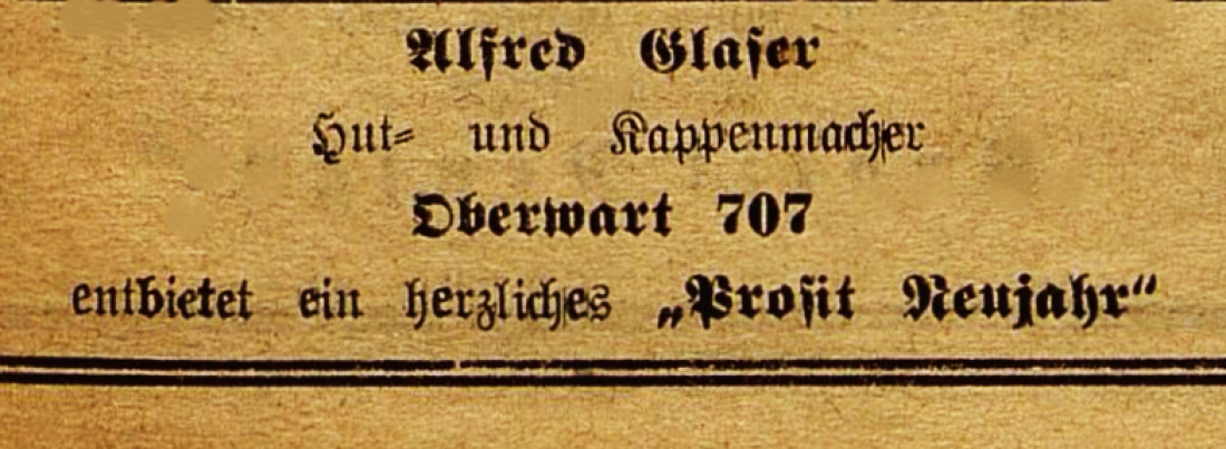 Neujahrswünsche des Hut- und Kappenerzeugers Alfred Glaser (OW 707 /  Graf Erdödystraße 1)
