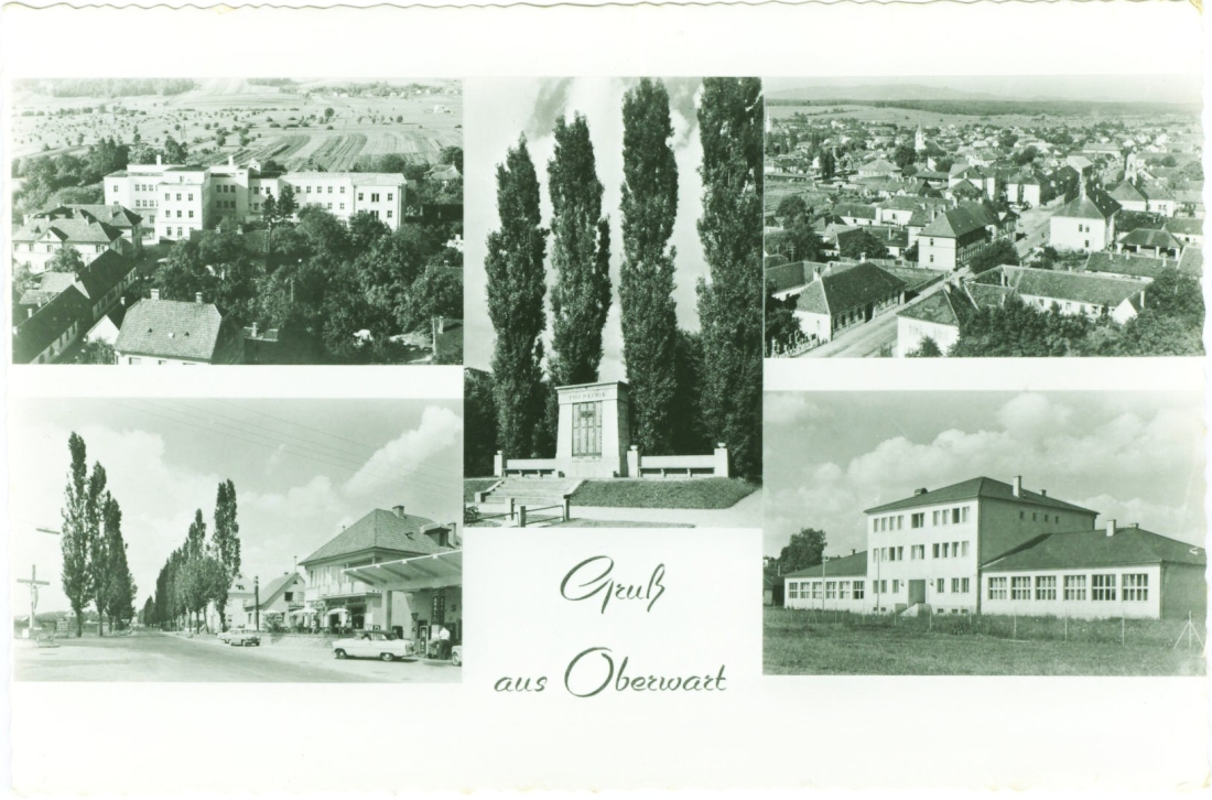 Ansichtskarte: Gruß aus Oberwart mit 5 Ansichten - Krankenhaus/Kriegerdenkmal/Blick gegen Westen/Tankstelle Schranz/Frauenberufsschule