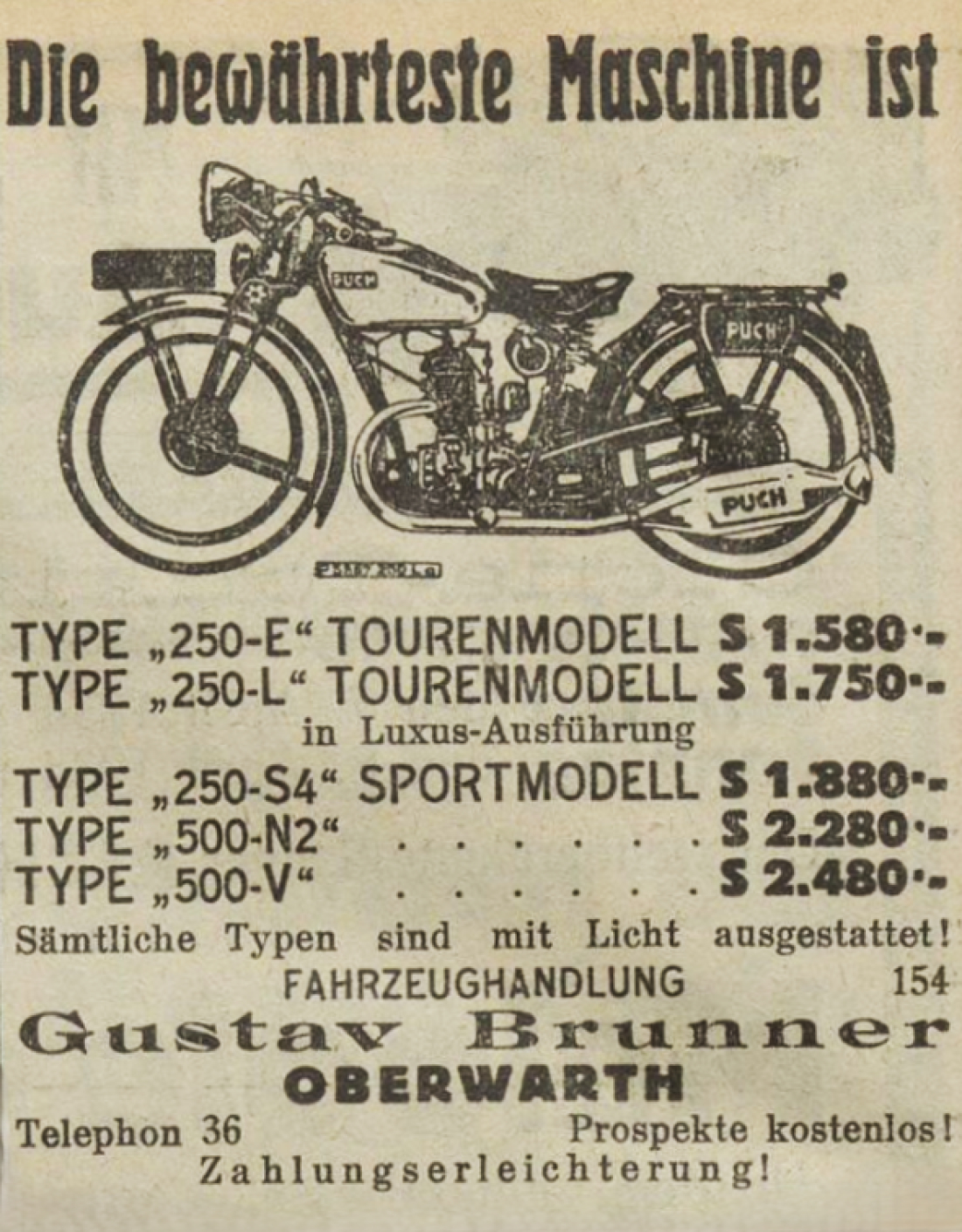 Inserat in der Oberwarther Sonntags = Zeitung vom 8. April 1934: Fahrzeughandlung Gustav Brunner inseriert verschiedene Puch-Motorräder