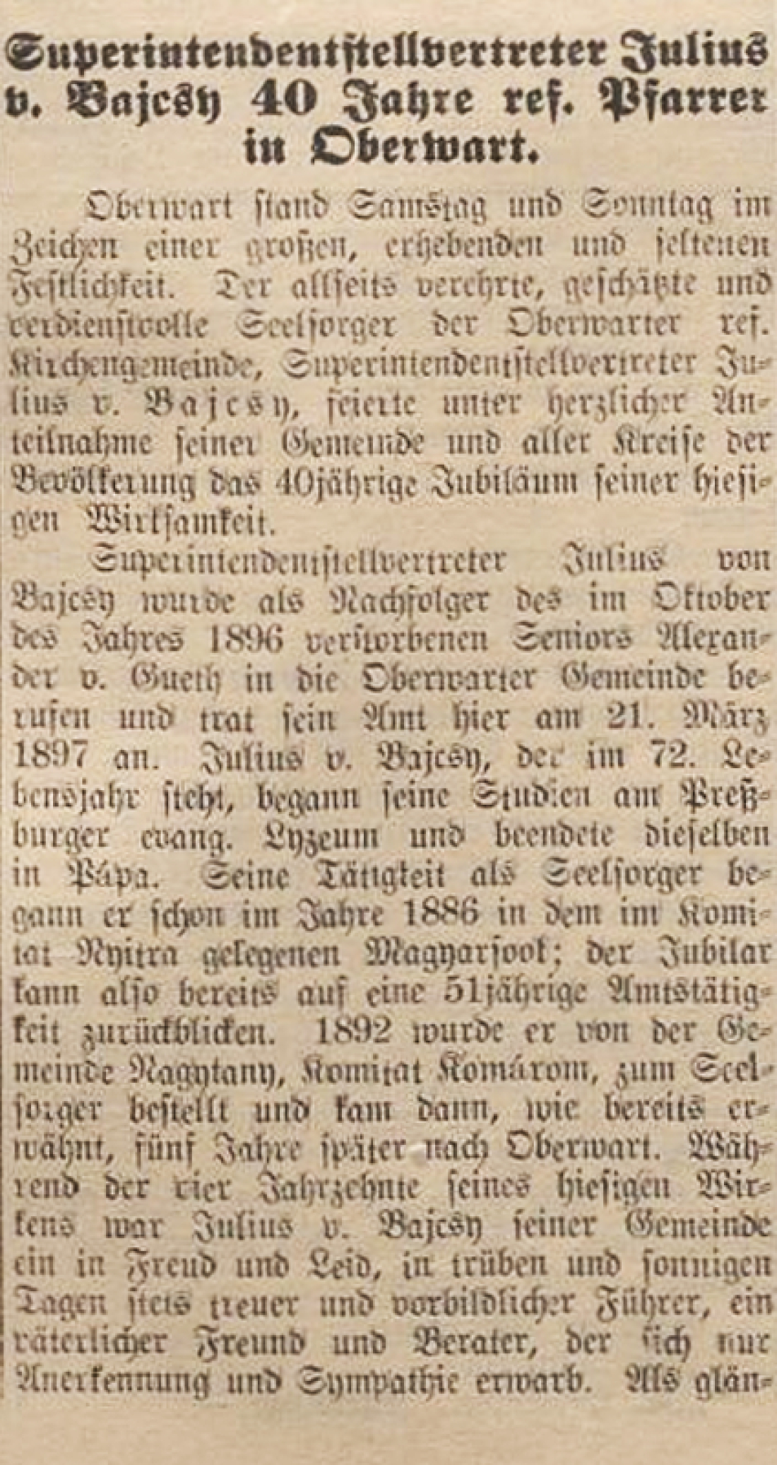 Reformierte Pfarrgemeinde - Ausführlicher Artikel in der Oberwarther Sonntags = Zeitung vom 28. März 1937: „Superintendentstellvertreter Julius v. Bajcsy 40 Jahre ref. Pfarrer in Oberwart"