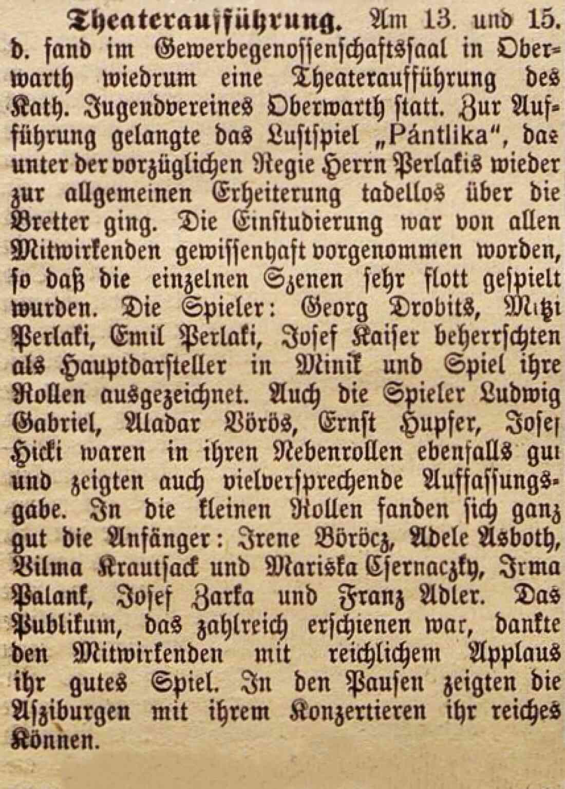 Bericht in der Oberwarther Sonntags=Zeitung vom 29. Jänner 1933: Theaterausführung des Kath. Jugendvereines Oberwarth