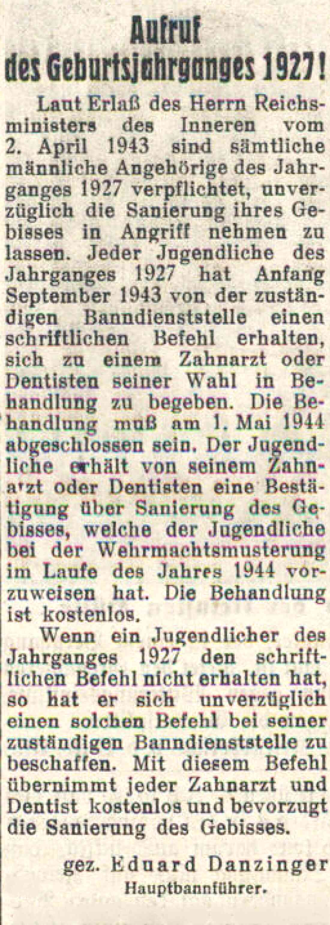 Aufruf in der Oberwarther = Sonntagszeitung vom 19. September 1943 zur Gebisssanierung für den JG. 1927