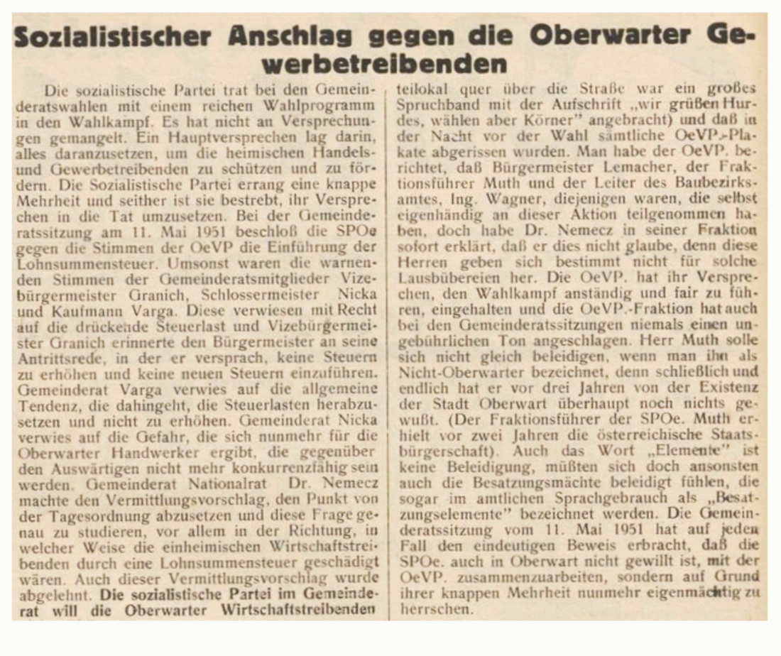 Gemeinderatssitzung: Bericht im "Bgld. Volsblatt" vom 19. März 1951 unter dem Titel "Sozialistischer Anschlag auf die Oberwarter Gewerbetreibenden"