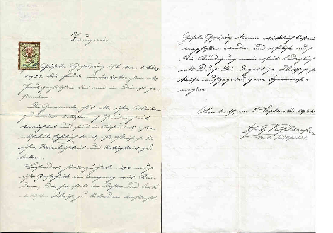 Dienstzeugnis für Frau Gisela Györög (verh. Ritter, *1911/+1996) - ausgestellt von Fritz Köhldorfer