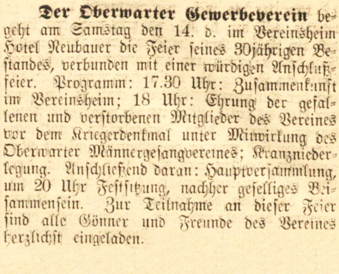 Oberwarter Gewerbeverein: Einladung zur Feier anlässlich des 30-jährigen Bestehens in der Oberwarther Sonntags = Zeitung vom 8. Mai 1938