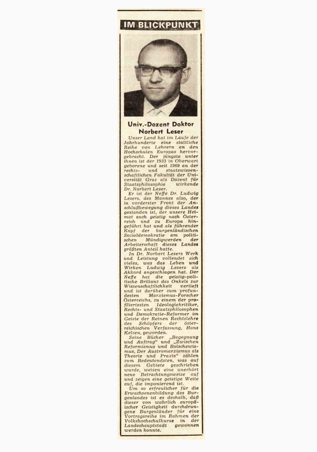 Dr. Norbert Leser - Im Blickpunkt der BF 1970