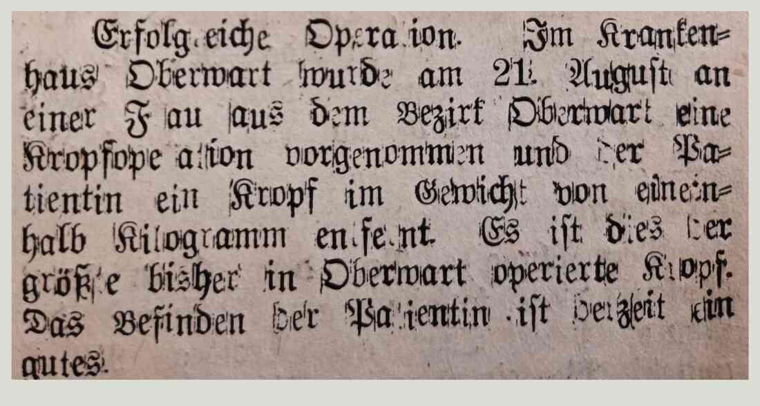 Bericht über eine "Erfolgreiche Kropfoperation" in der Oberwarter Zeitung vom 15. März 1953