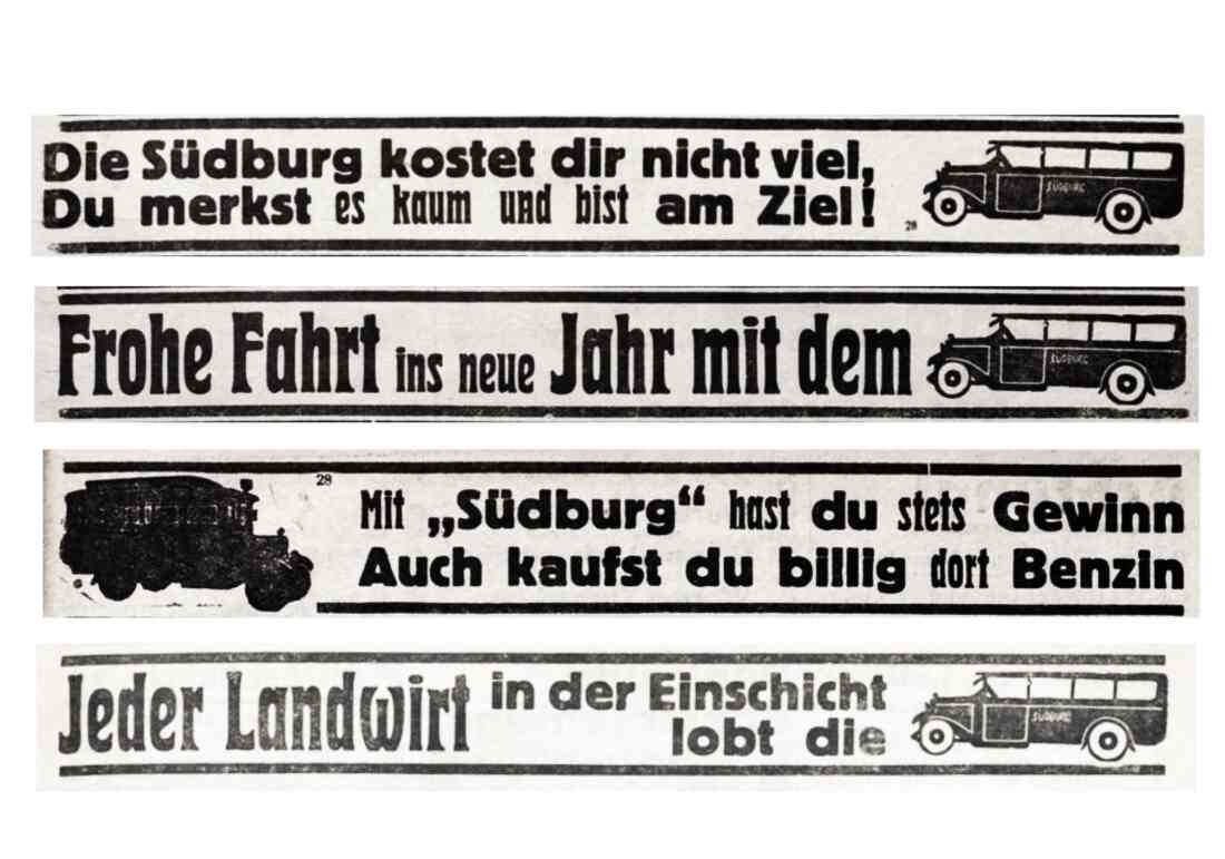 Südburg Werbeanzeigen in Ausgaben der Oberwarther Sonntags-Zeitung des Jahres 1933