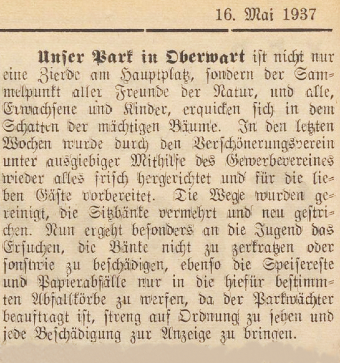 Oberwarther = Sonntagszeitung vom 16. Mai 1937: "Unser Park in Oberwart"