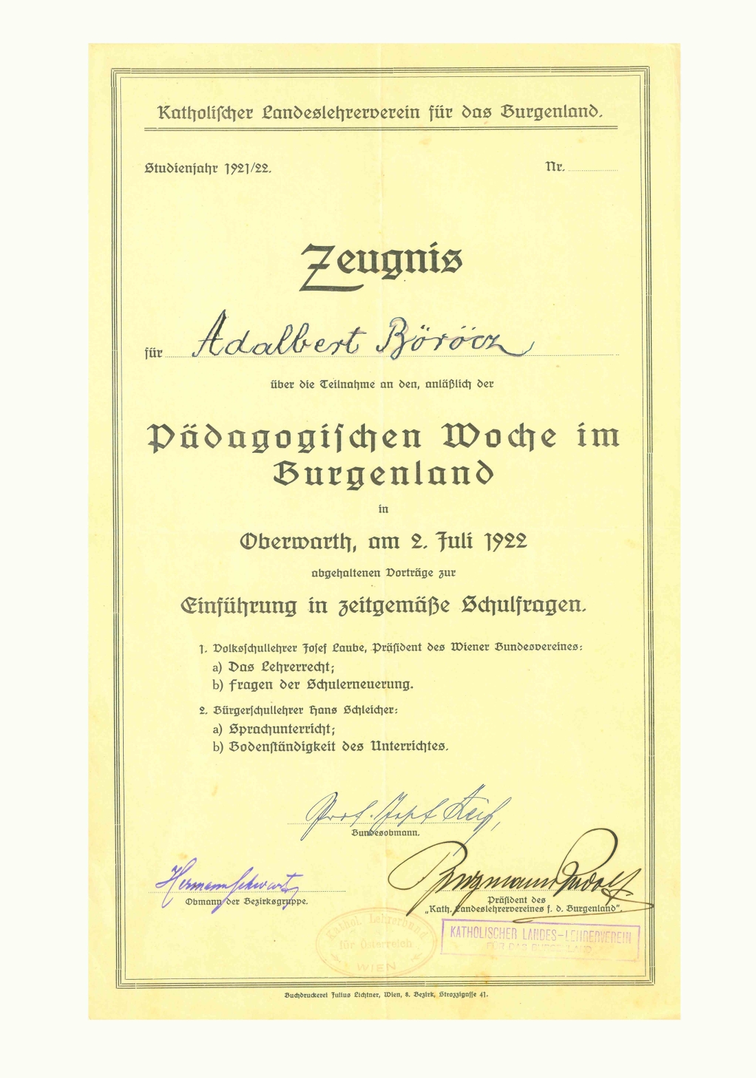 Adalbert Böröcz: Zeugnis über die Teilnahme an der Pädagogischen Woche des kath. Lehrervereins für das Burgenlands 1922