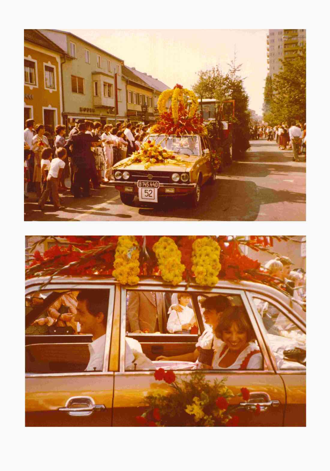 Der Wagen der Gärtnerei Graf beim Umzug anlässlich des Bezirkserntedankfests 1981 (Langer/Miertl/Gangoly)