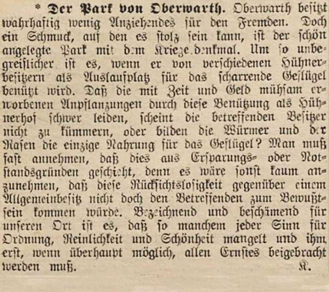 Artikel in der Oberwarther Sonntags-Zeitung vom 6. September 1931: die missbräuchliche Nutzung des Parks durch Hühner