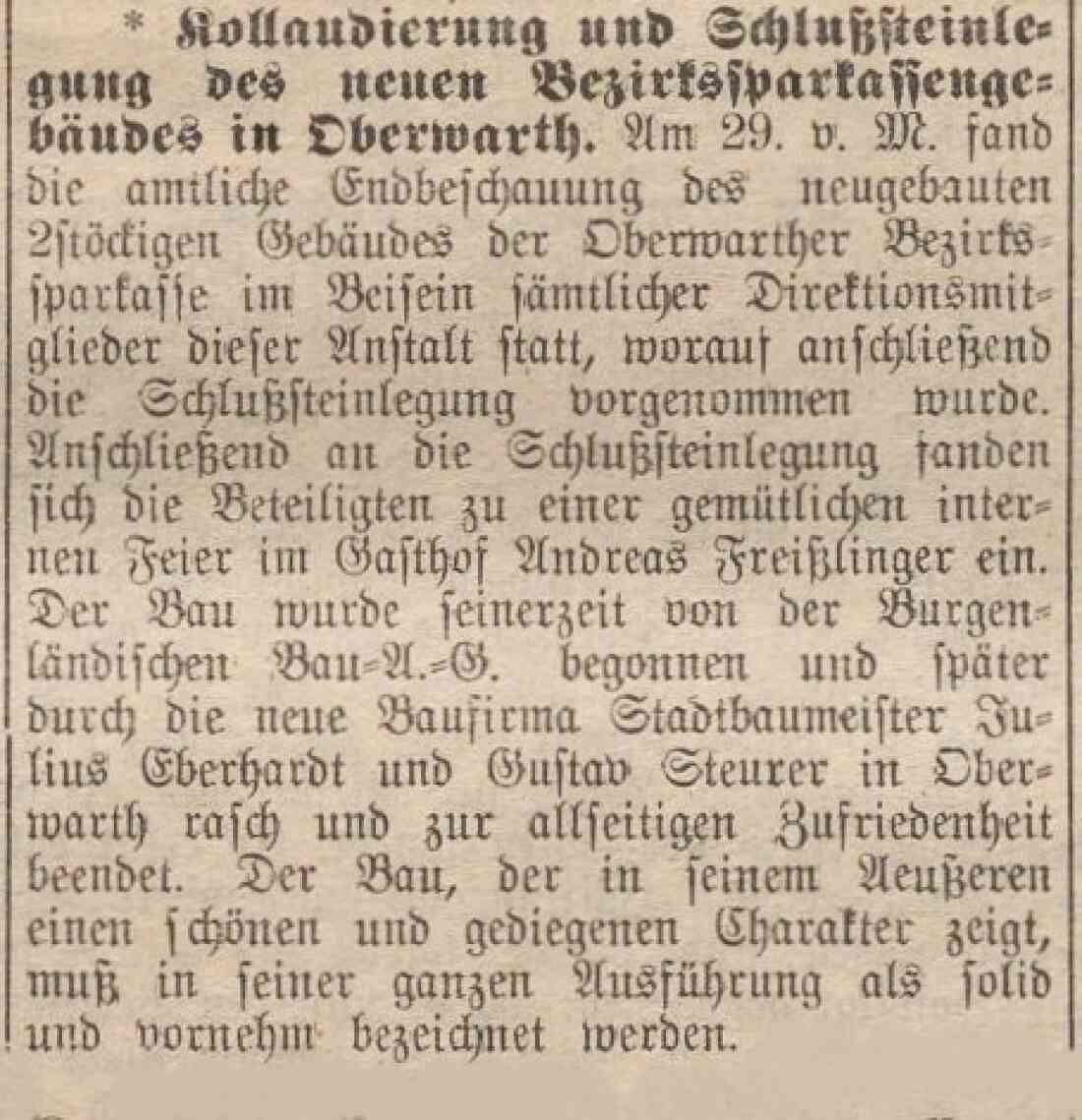 Bericht in der Oberwarther Sonntags-Zeitung vom 16. Feber 1930: Kollaudierung und Schlußsteinlegung des neuen Bezirkssparkassengebäudes in Oberwarth