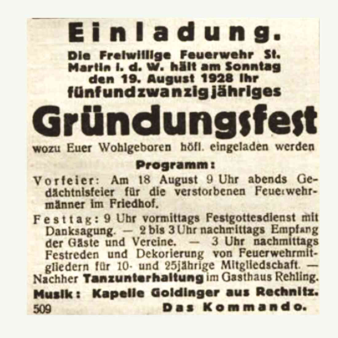 St. Martin: Einladung zum 25-jährigen Gründungsfest der Freiwilligen Feuerwehr in der Oberwarther Sonntags-Zeitung vom 5. August 1928