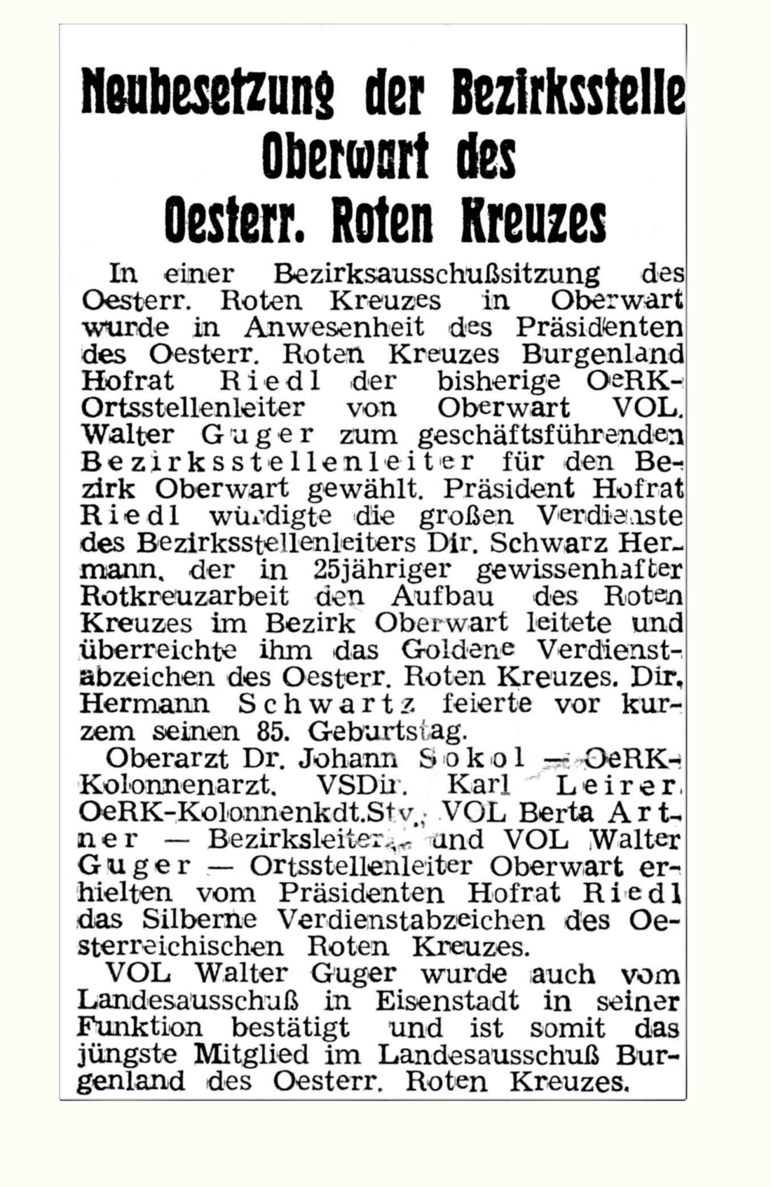 Rotes Kreuz: Artikel zur Wahl von VOL. Walter Guger zum geschäftsführenden Bezirksstellenleiter