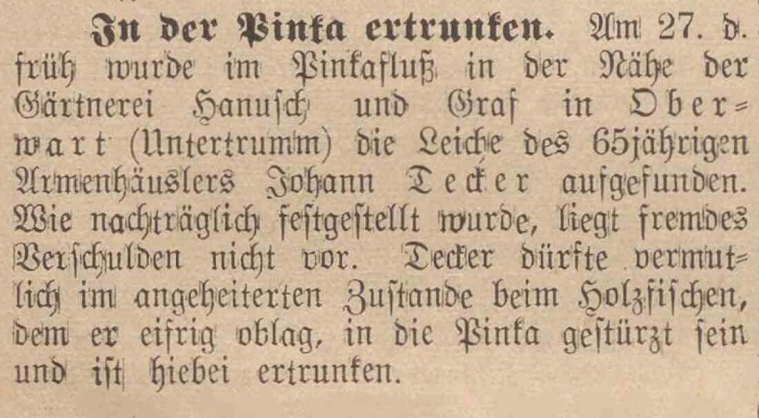 Kurzbericht in der Oberwarther Sonntags = Zeitung 1936: Armenhäusler in der Pinka ertrunken
