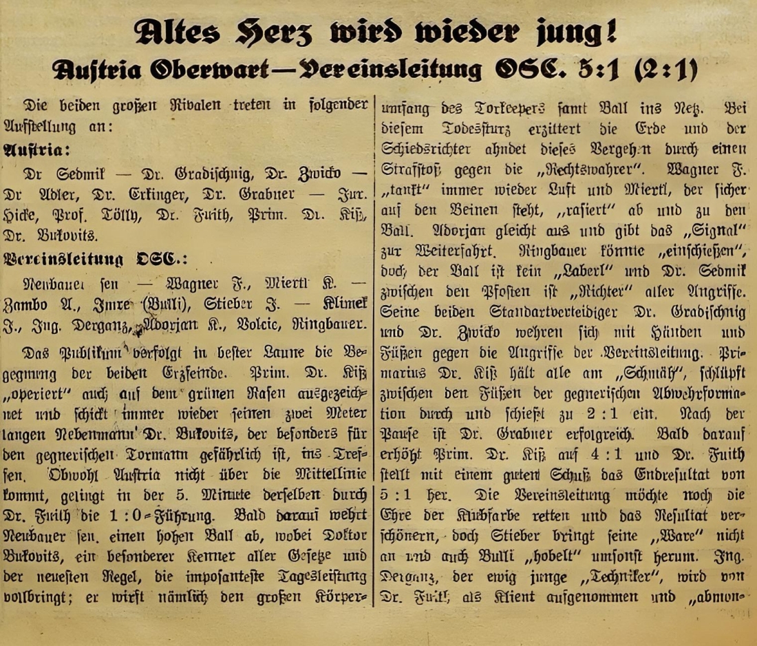 Artikel in der Oberwarther Zeitung vom 15. Mai 1949: Fußballspiel (Juxmatch) Austria Oberwart - Vereinsleitung SCO