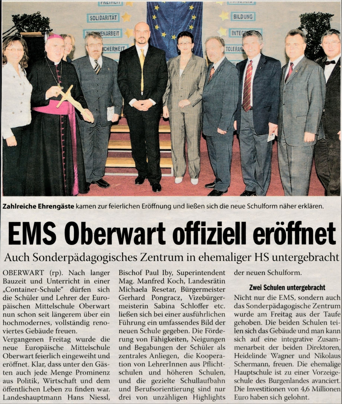 Artikel in der BRO: Eröffnung der renovierten und umgestalteten EMS (Schulgasse 29)