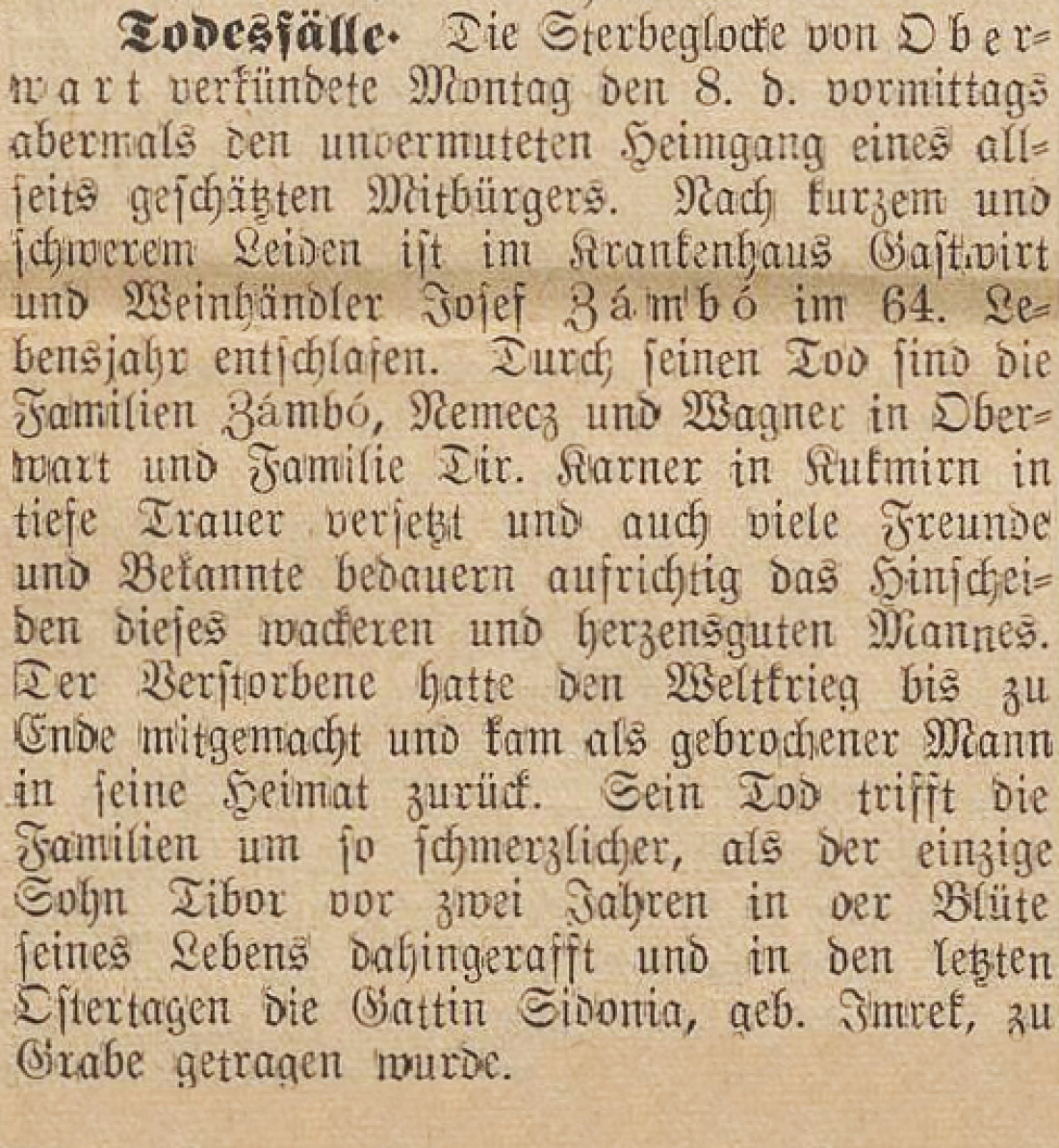 Artikel in der Oberwarther Sonntags = Zeitung vom 14. Juni 1936 zum Ableben von Weinhändler und Gastwirt Josef Zambo (*1872/+1936)