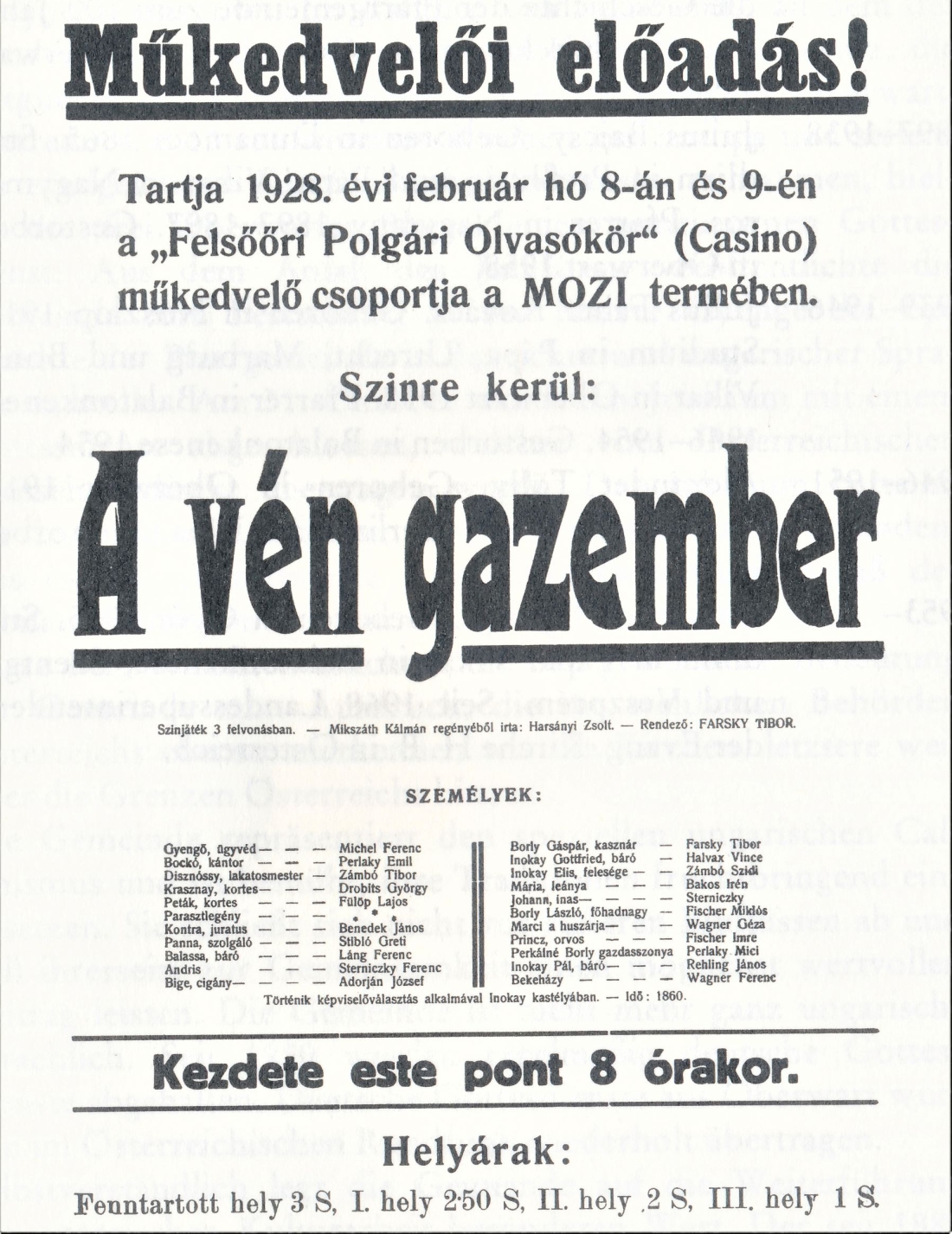 Reformierter Leseverein: Plakat zur Theateraufführung „Der alte Unmensch“ („A vén gazember“)