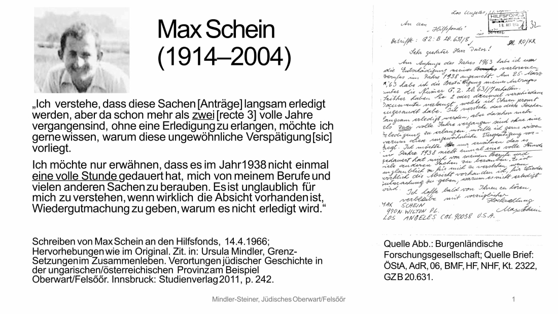 Jüdische Gemeinde: Schreiben von Max Schein (*1914/+2004) - der erste Oberwarter Holocaust-Überlebende, der zurückkehrte - an den Hilfsfonds der Republik Österreich