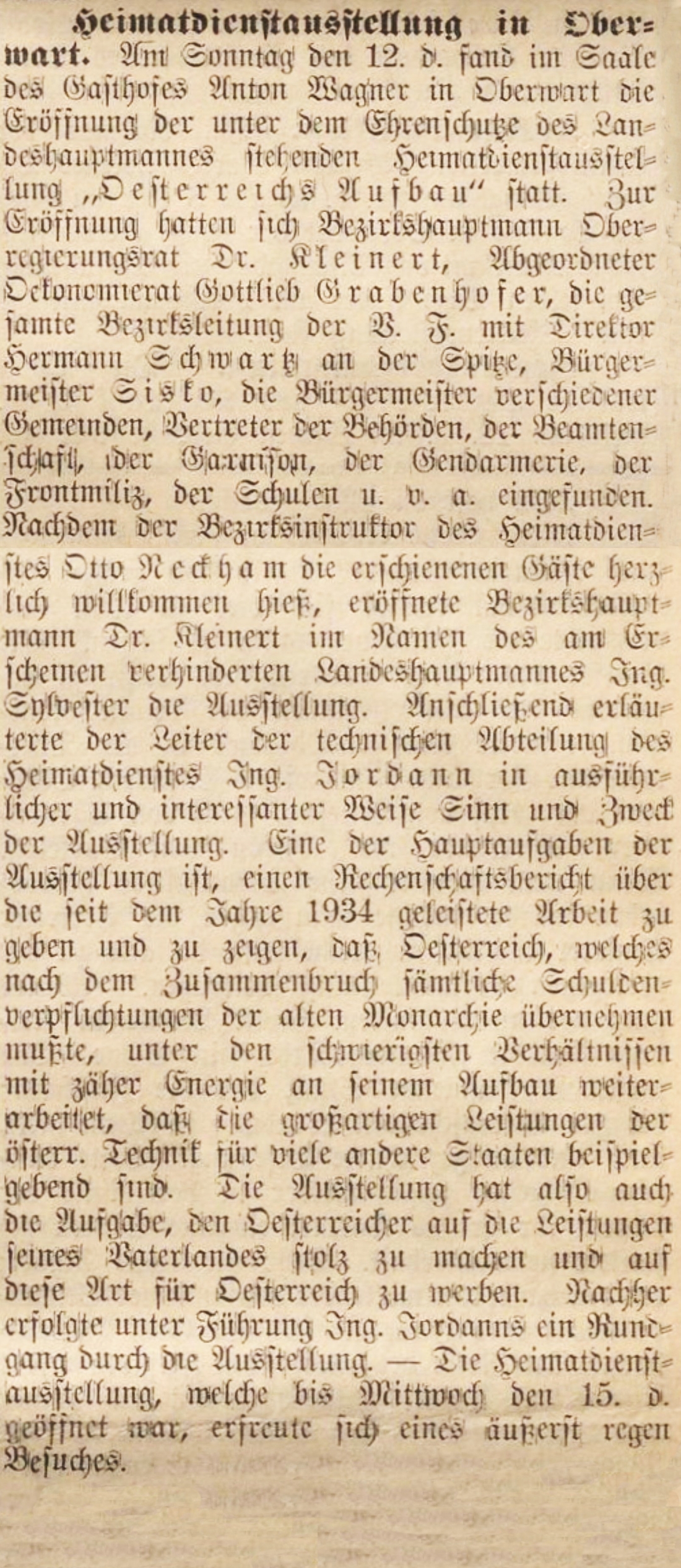 Oberwarther = Sonntagszeitung vom 19. Dezember 1937: Heimatdienstausstellung in Oberwart - "Österreichs Aufbau"