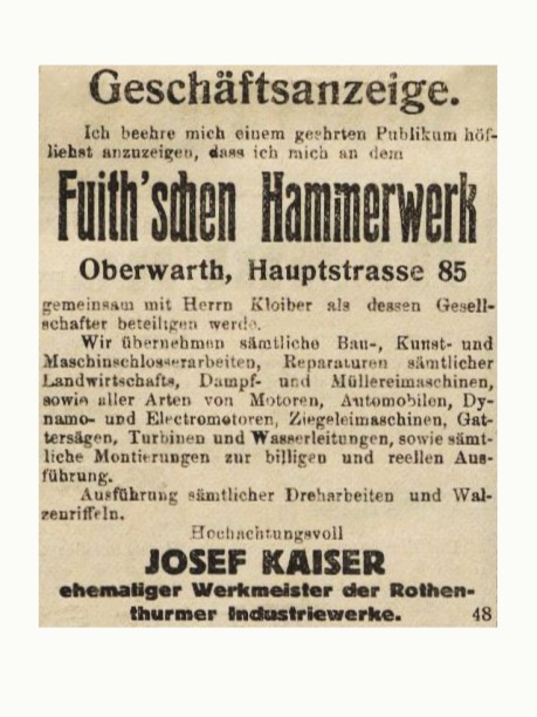 Geschäftsanzeige in der Oberwarther Sonntags = Zeitung vom 13. Jänner 1924 von Josef Kaiser "Fuith`sches Hammerwerk" (Steinamangererstraße 60)