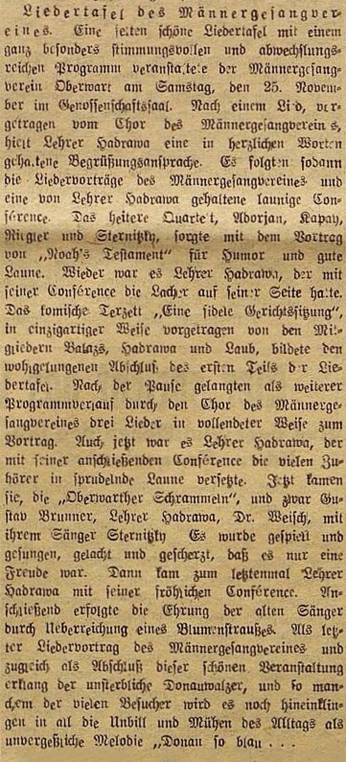 Bericht in der Oberwarter Zeitung vom 8. Dezember 1950 über eine "Liedertafel" des Männergesangvereins