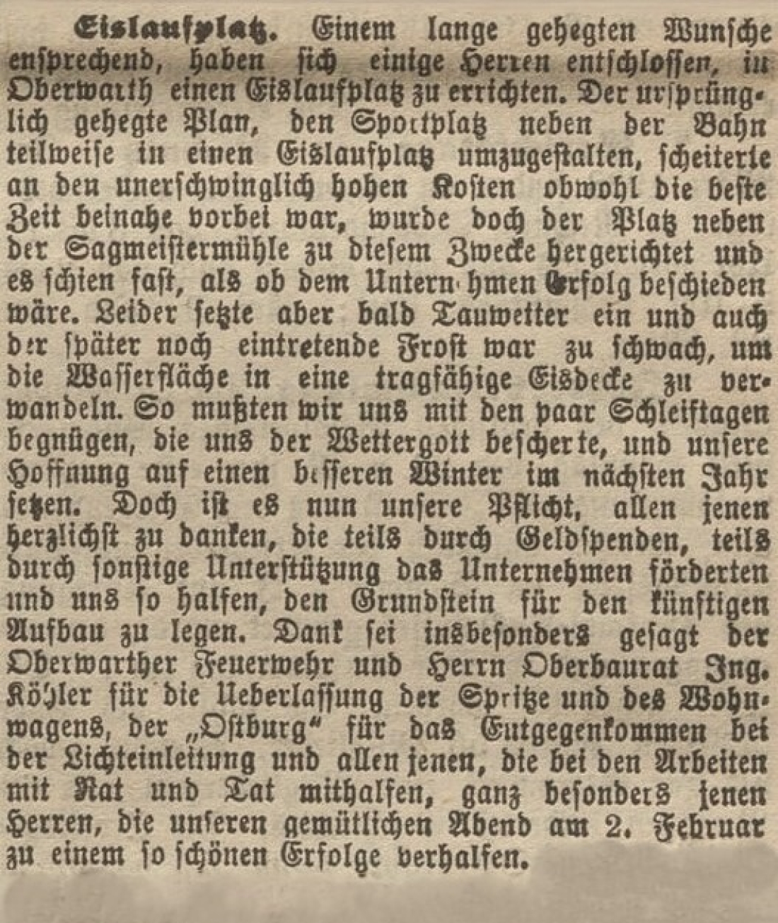 Bericht in der Oberwarther = Sonntagszeitung vom 11. März 1928 zur Erichtung eines Eislaufplatzes