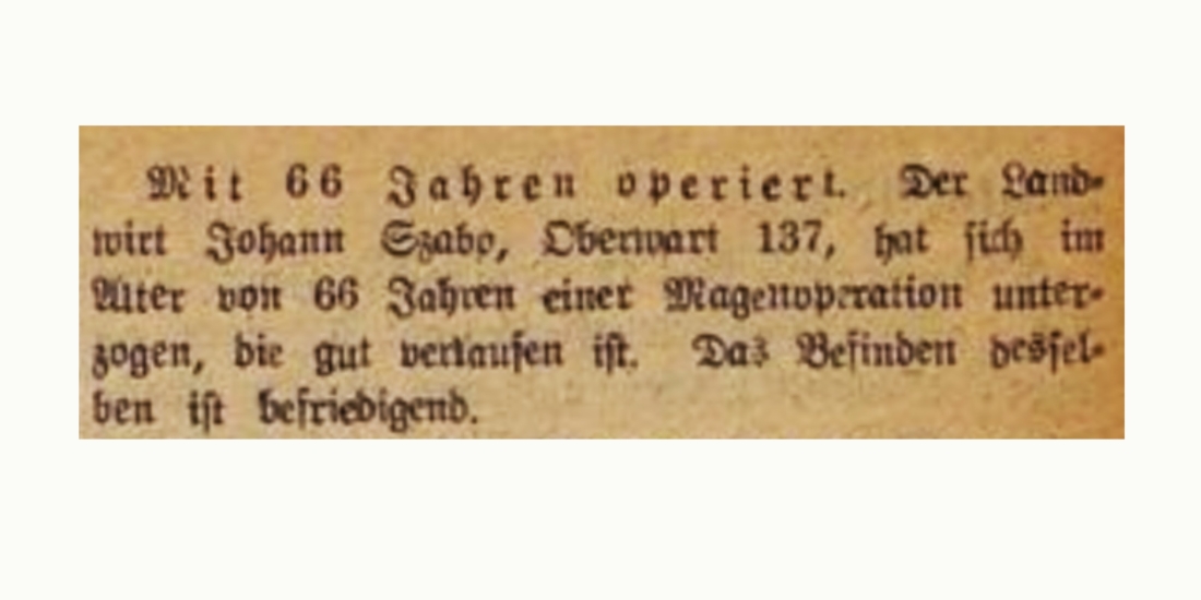 Die Oberwarther Sonntags = Zeitung vom 31. Juli 1949 berichtet über eine Magenoperation von Johann Szabo OW 137 / Ganghofergasse 10 - [Krankenhaus]