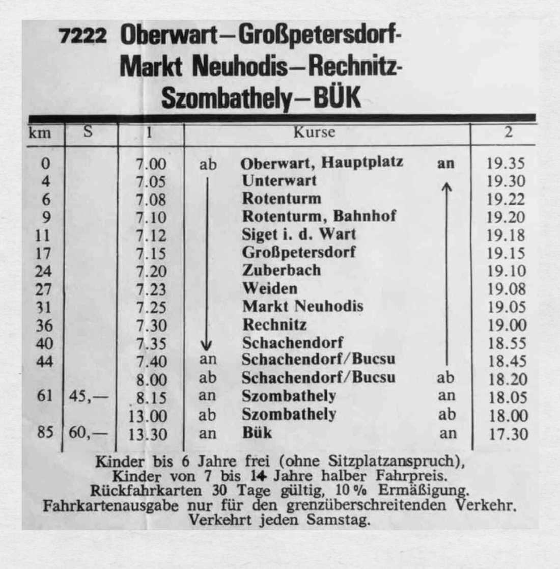 Busfahrplan Oberwart - Bük aus dem Jahr 1977