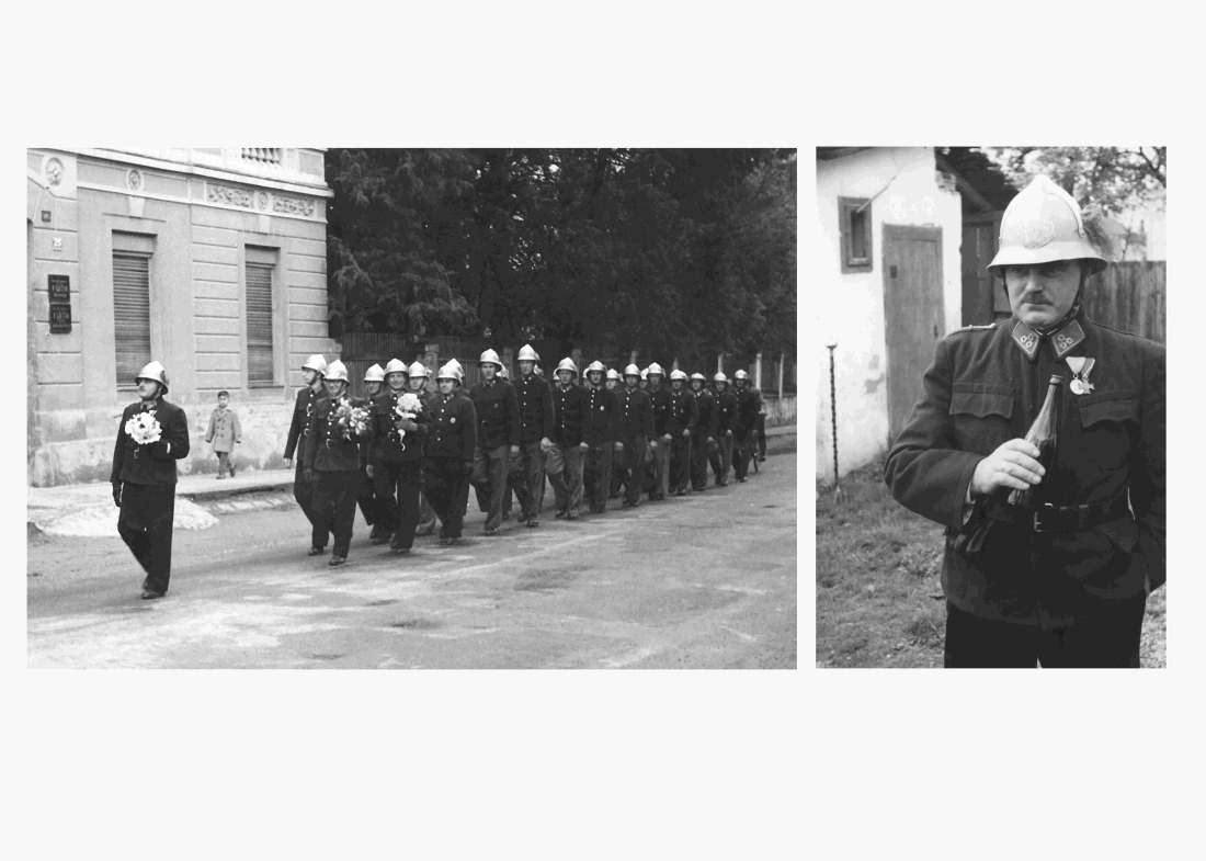 Die Stadtfeuerwehr unter Kd. Alexander Granich am 1. Mai 1959  vor dem Fuithhaus (Steinamangererstraße 25)