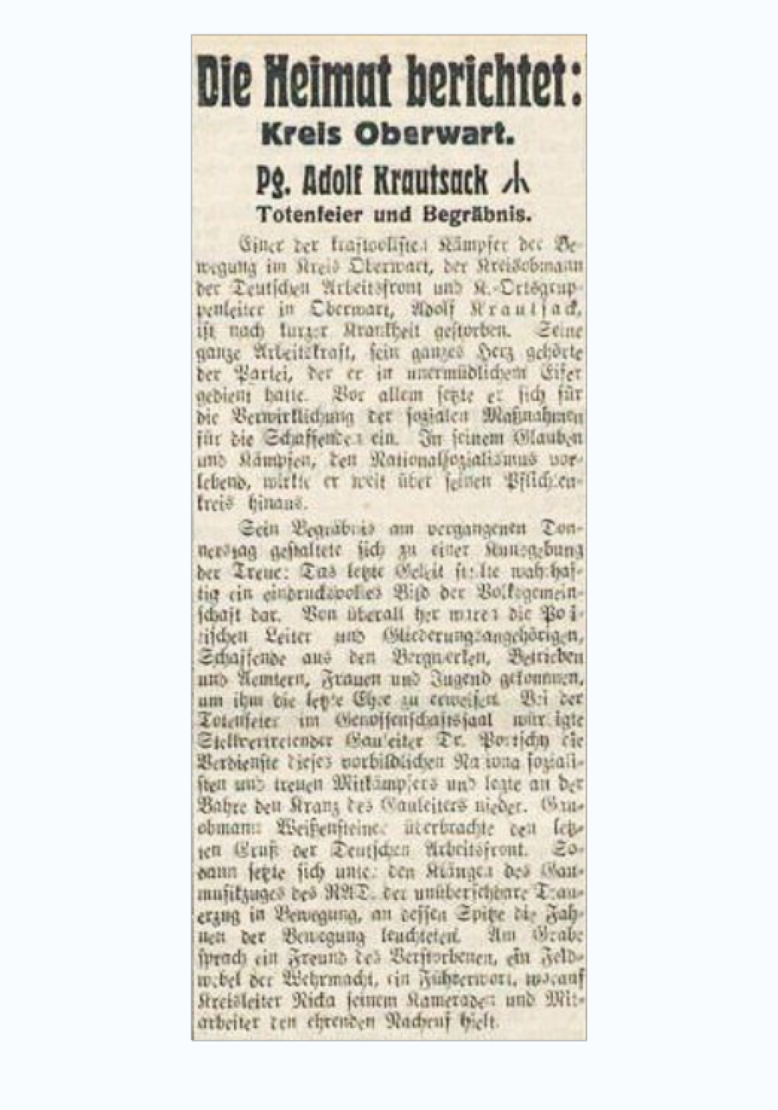 Bericht in der Oberwarther = Sonntagszeitung: Totenfeier im Genossenschaftssaal und Begräbnis von PG Adolf Krautsack