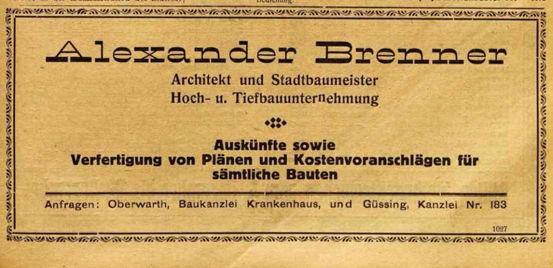 Anzeige von Architekt und Stadtbaumeister, Hoch- und tiefbauunternehmer Alexander Brenner in der Oberwarther Sonntags = Zeitung vom 5. Dezember 1926