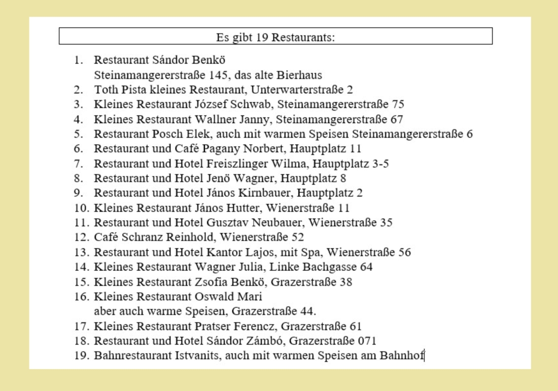 Von Janos Topler im Jahr 1960 zusammengestellt Liste der Restaurants in Oberwart