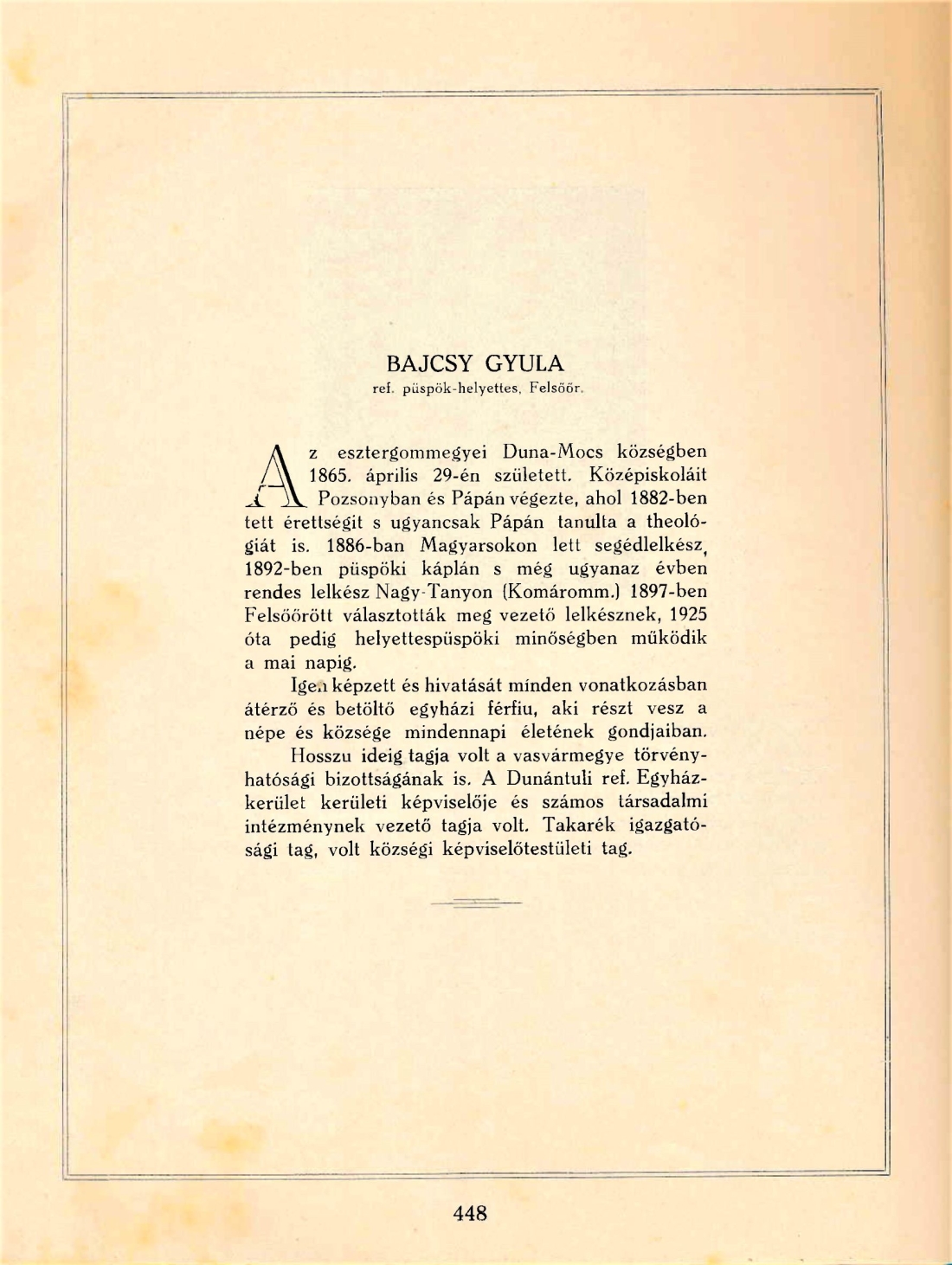 Reformierte Pfarrgemeinde: Pfarrer Julius Bajcsy (*1865 / +1957)
