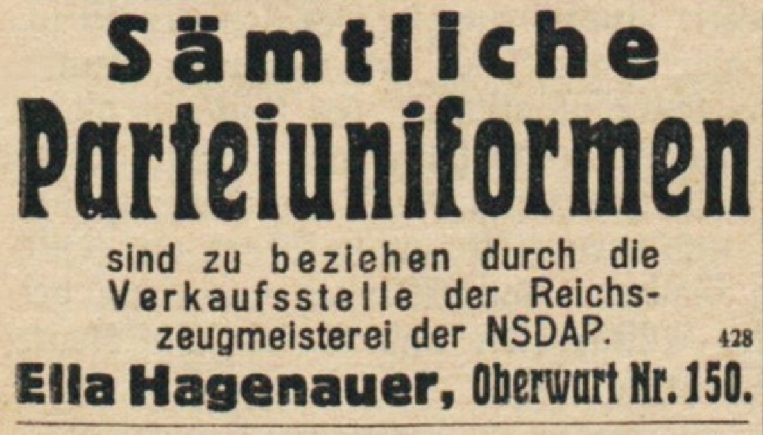 Inserat der Fa. Hagenauer (vorher Angelus) in der Oberwarther Sonntags = Zeitung vom 25. Dezember 1938 - Arisierung
