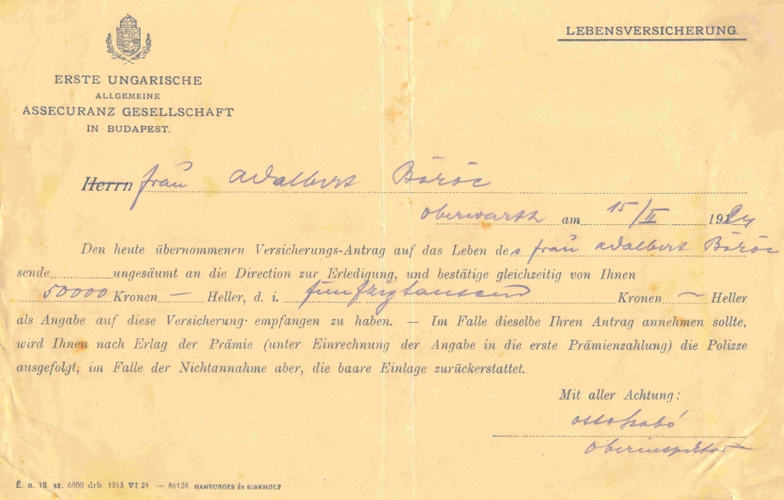 Antrag zu einer Lebensversicherung bei "Erste Ungarische Allgemeine Assecuranz Gesellschaft in Budapest" für "FRAU" Adalbert Böröcz
